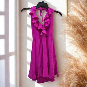 💖 Amanda Uprichard Fuchsia Ruffle Halter Dress – XS Satin Cocktail Style